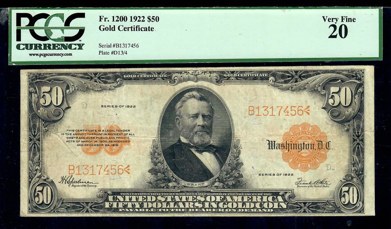 1922 $50 Gold Certificate Note Fr. 1200 PCGS 20 Very Fine