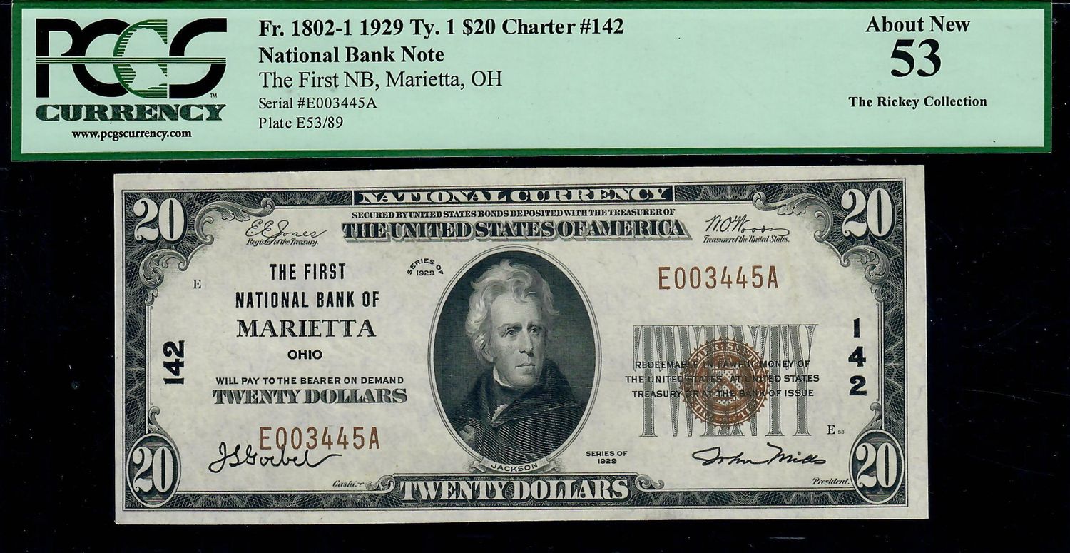1929 $20 The First National Bank of Marietta, OH -Ch#142 PCGS 52  AU