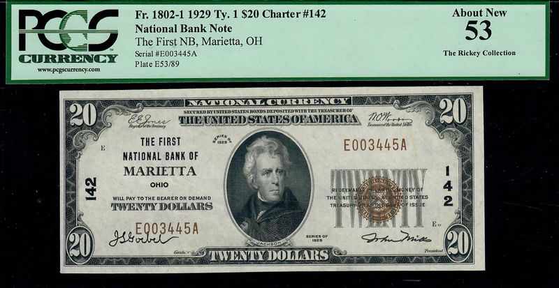 1929 $20 The First National Bank of Marietta, OH -Ch#142 PCGS 52  AU