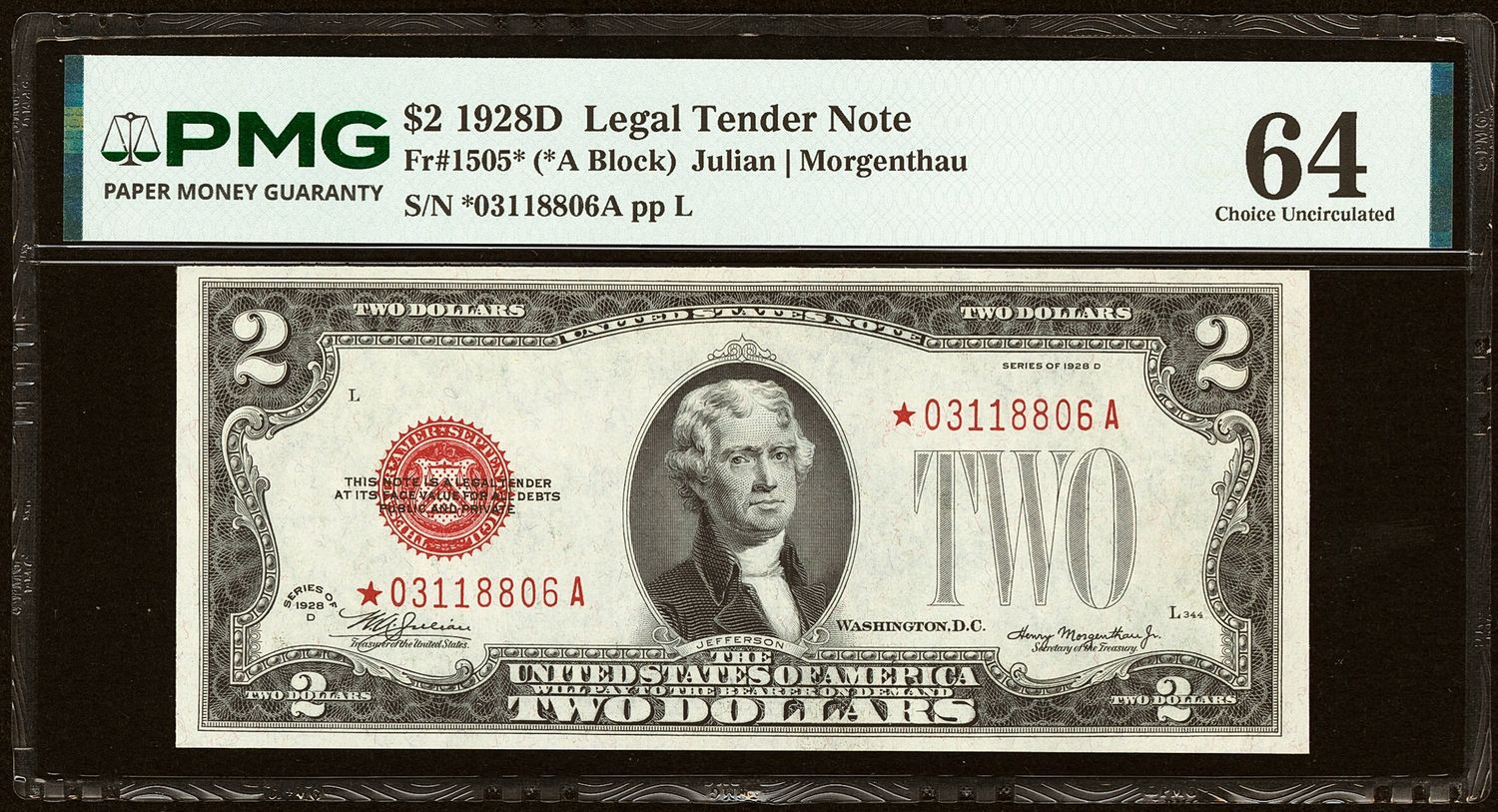1928D $2 Legal Tender ** Star Note **Fr. 1505* PMG 64 UNC