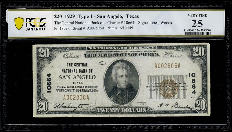 1929 $20 The Central National Bank of San Angelo , TX- Ch#10664 PCGS  VF
