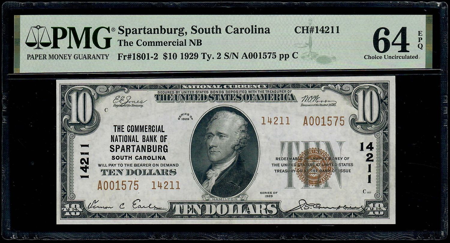 1929 $10 The Commercial National Bank of Spartanburg , SC -Ch#14211 PMG 64 EPQ