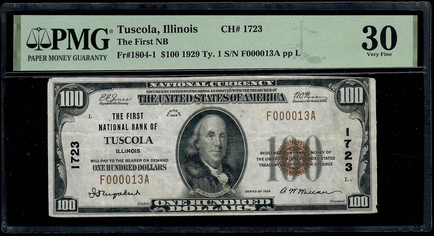 1929 $100 The First National Bank of Tuscola, IL  CH # 1723 PMG 30 VF