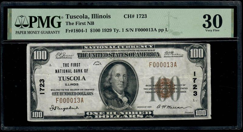 1929 $100 The First National Bank of Tuscola, IL  CH # 1723 PMG 30 VF