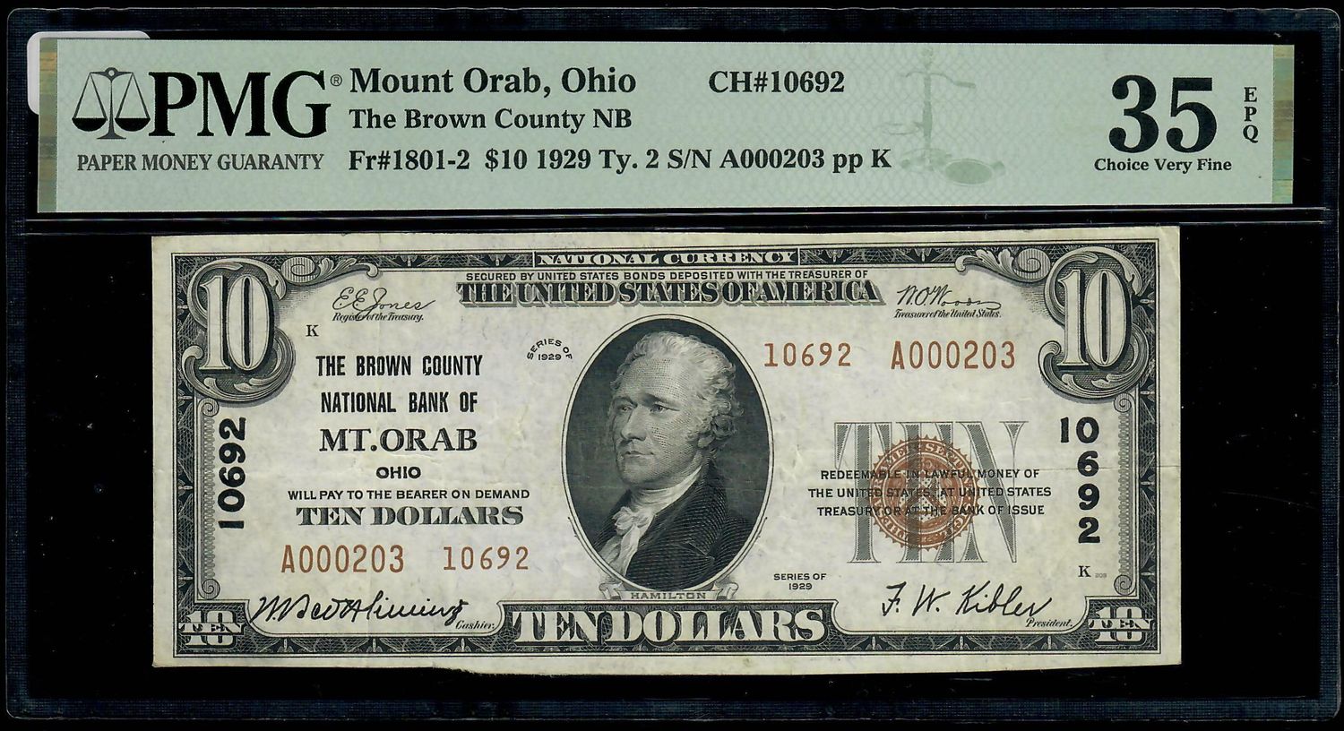 1929 $10 The Brown County National Bank of Mount Orab, OH CH# 10692 PMG 35 EPQ
