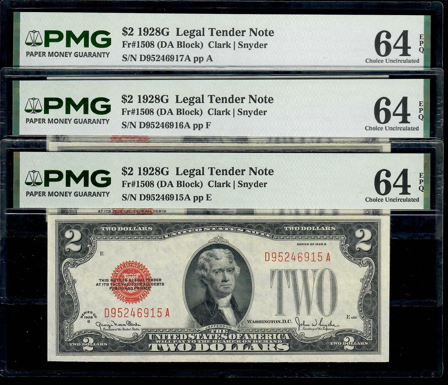 3 Consecutive 1928G $2 Legal Tender Note-Fr. 1508 PMG 64 EPQ