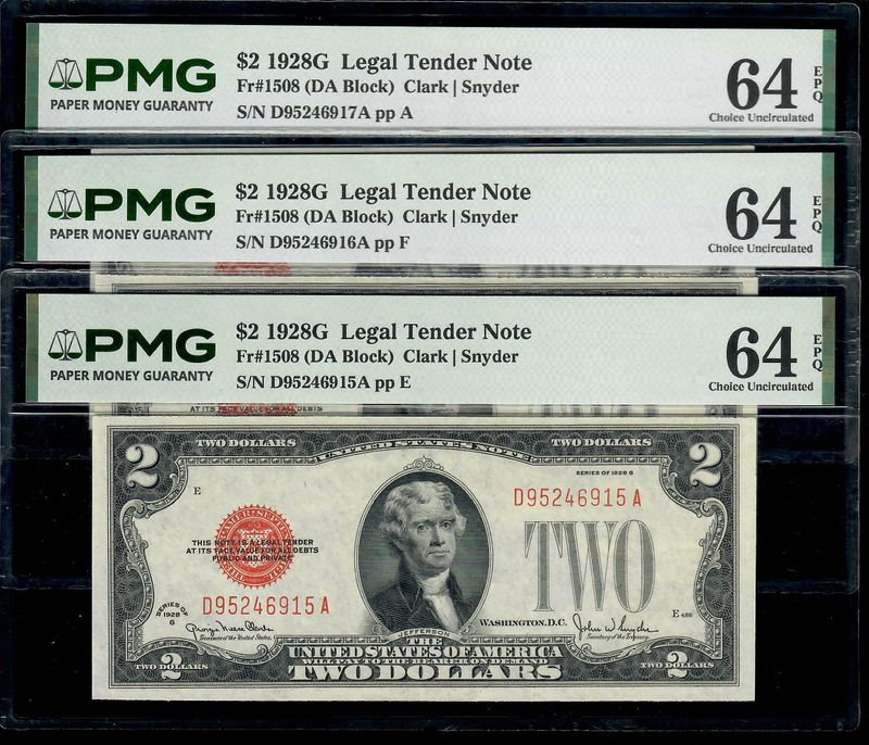 3 Consecutive 1928G $2 Legal Tender Note-Fr. 1508 PMG 64 EPQ