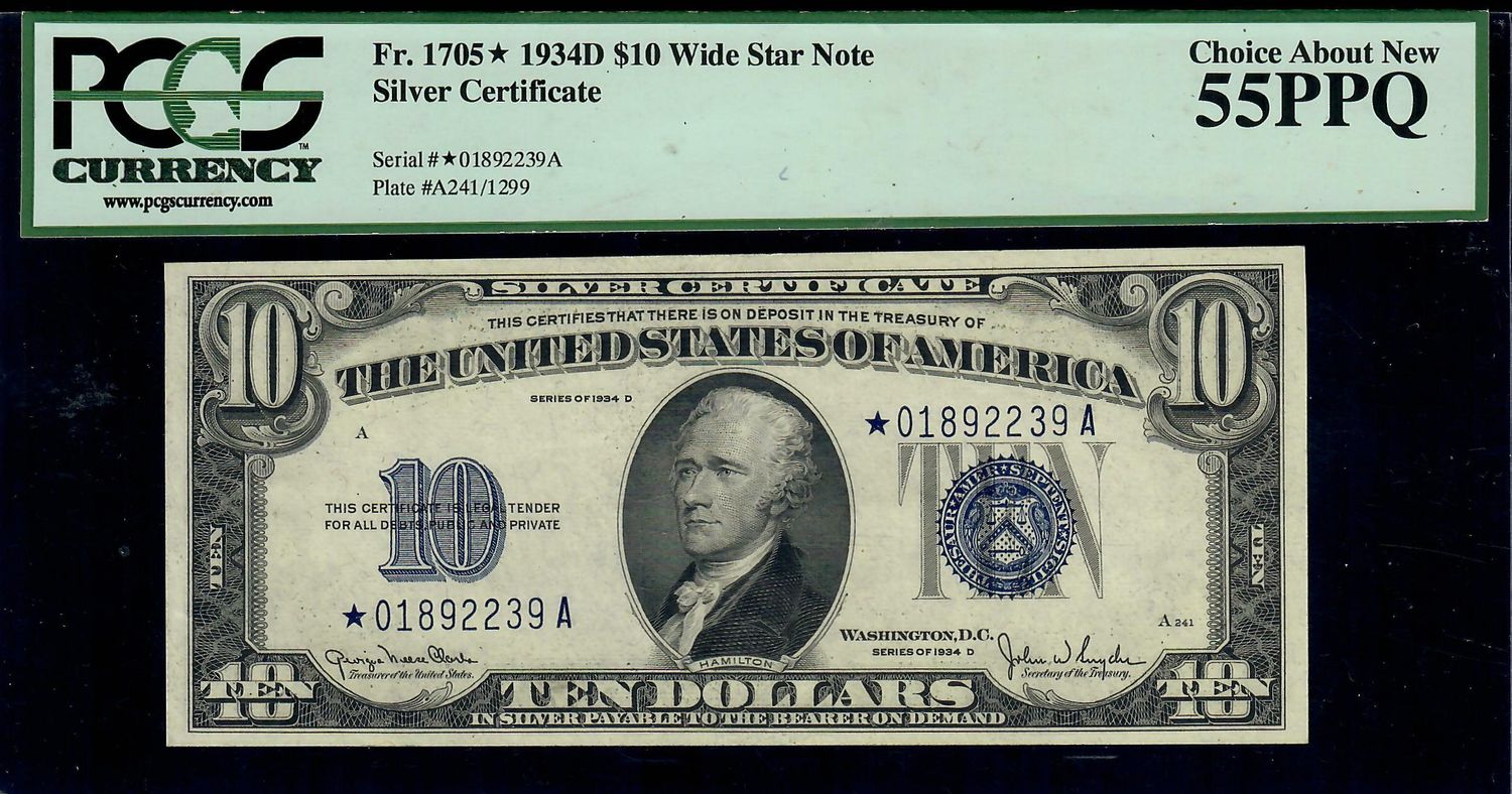 1934D $10 Silver Certificate **Star Note** Fr# 1705* Clark / Snyder PCGS 55 PPQ