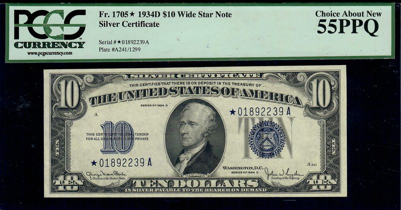 1934D $10 Silver Certificate **Star Note** Fr# 1705* Clark / Snyder PCGS 55 PPQ