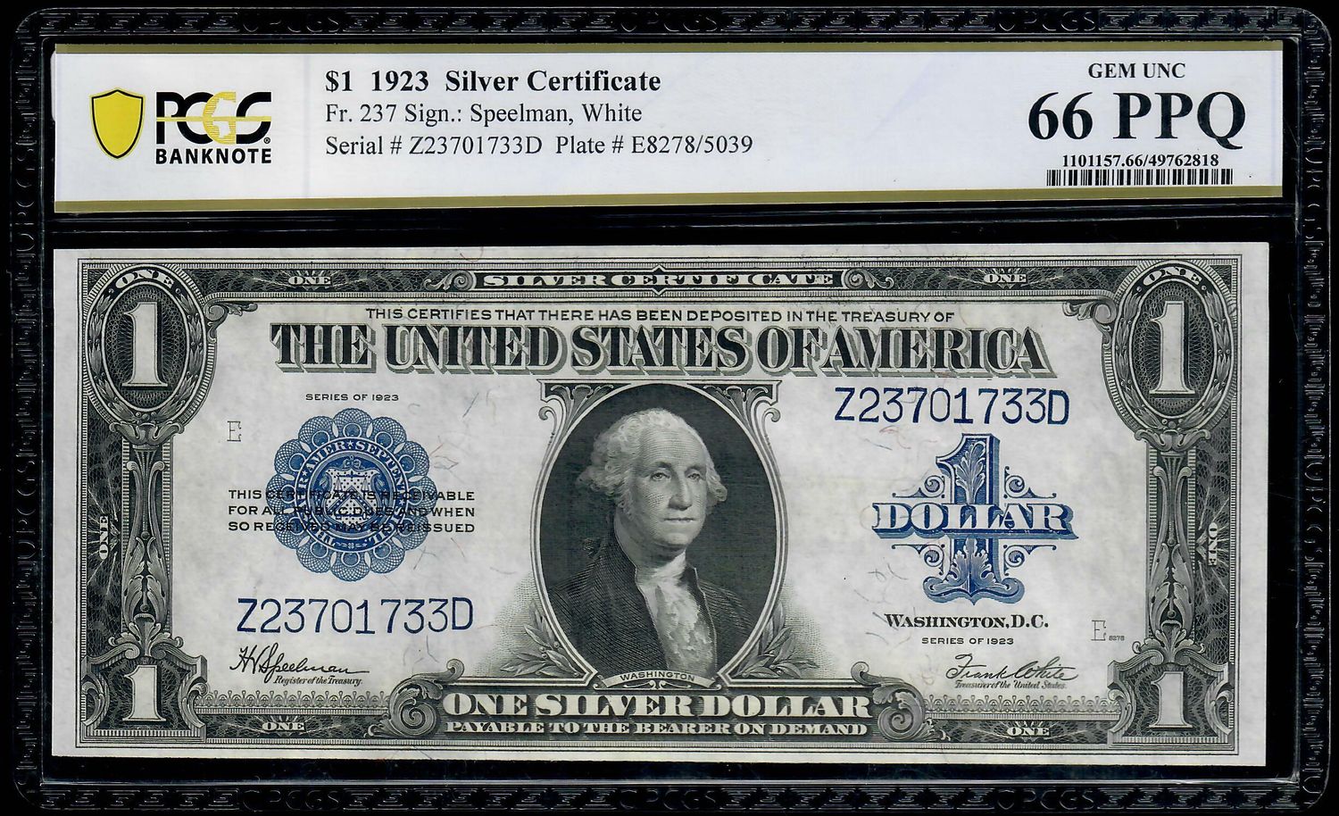 1923 $1 Silver Certificate FR-237 Horse Blanket PCGS 66 PPQ Uncirculated