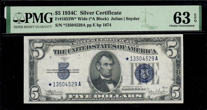 1934C $5 Silver Certificate **Star Note** Fr# 1653W* Julian / Snyder PMG 63 EPQ