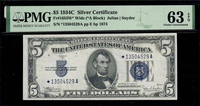 1934C $5 Silver Certificate **Star Note** Fr# 1653W* Julian / Snyder PMG 63 EPQ