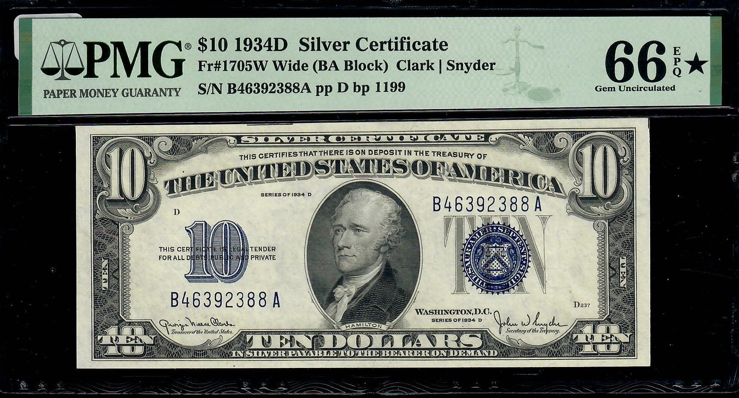 1934D $10 Silver Certificate Fr# 1705W  Clark / Snyder PMG 66 EPQ *