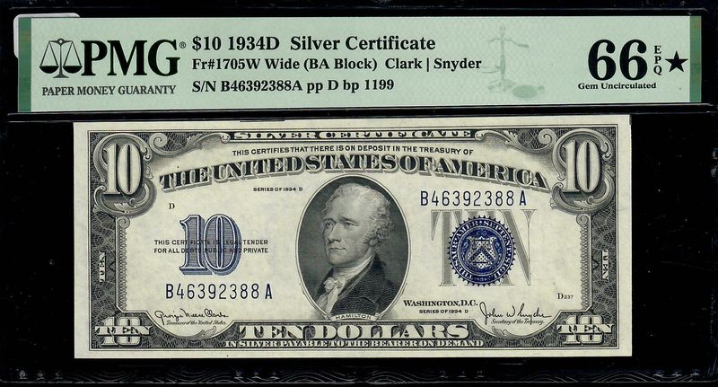 1934D $10 Silver Certificate Fr# 1705W  Clark / Snyder PMG 66 EPQ *
