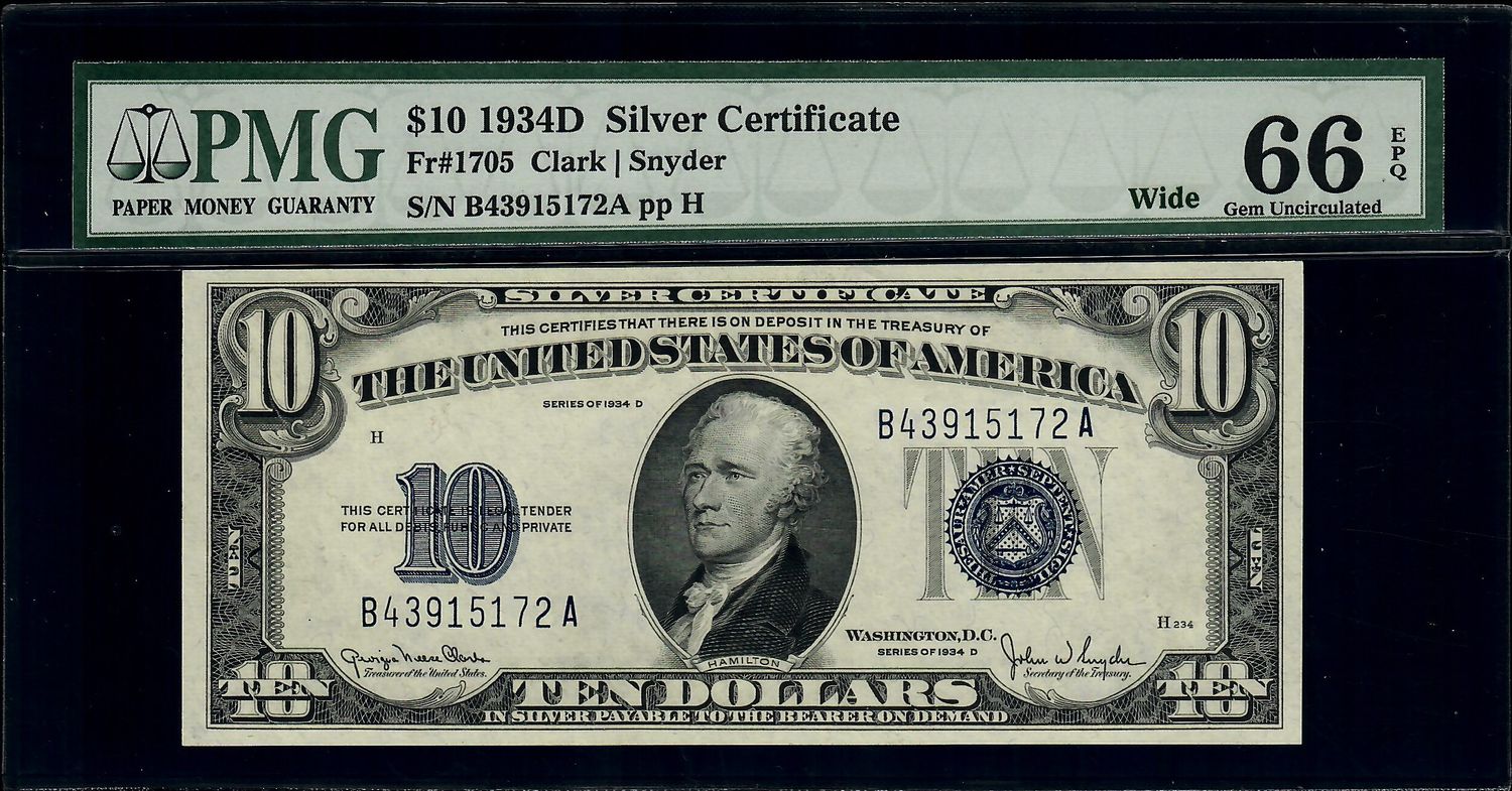 1934D $10 Silver Certificate Fr# 1705W  Clark / Snyder PMG 66 EPQ