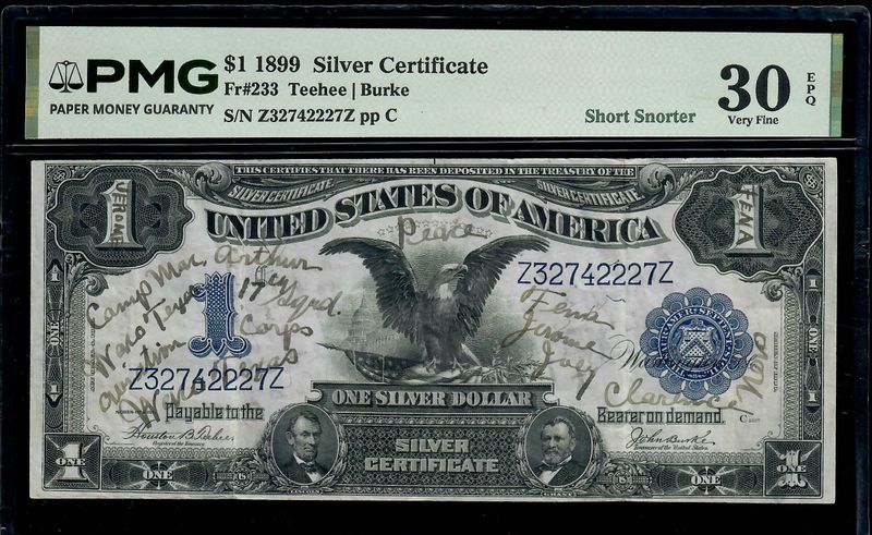 1899 $1 Silver Certificate Short Snorter Note Fr. 233 PMG 30 EPQ