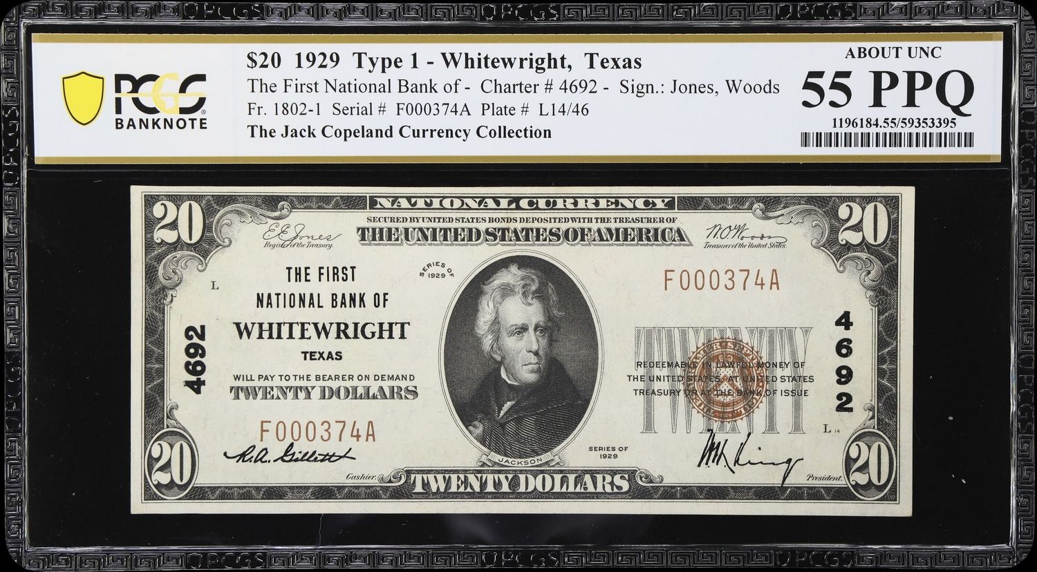 1929 $20 the First National Bank of  Whitewright , Tx  Ch # 4692  PCGS 55 PPQ