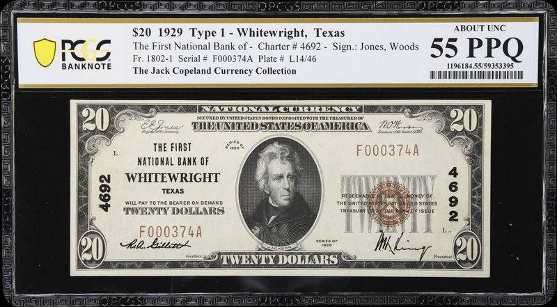 1929 $20 the First National Bank of Whitewright , Tx Ch # 4692 PCGS 55 PPQ 1929 $20 the First National Bank of Whitewright , Tx Ch # 4692 PCGS 55 PPQ