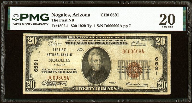 1929 $20 The First National Bank of Nogales , AZ Ch # 6591 PMG 20 VF 1929 $20 The First National Bank of Nogales , AZ Ch # 6591 PMG 20 VF