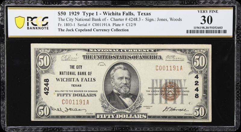 1929 $50 the City National Bank of Wichita Falls ,Tx Ch # 4248 PCGS 30 VF 1929 $50 the City National Bank of Wichita Falls ,Tx Ch # 4248 PCGS 30 VF