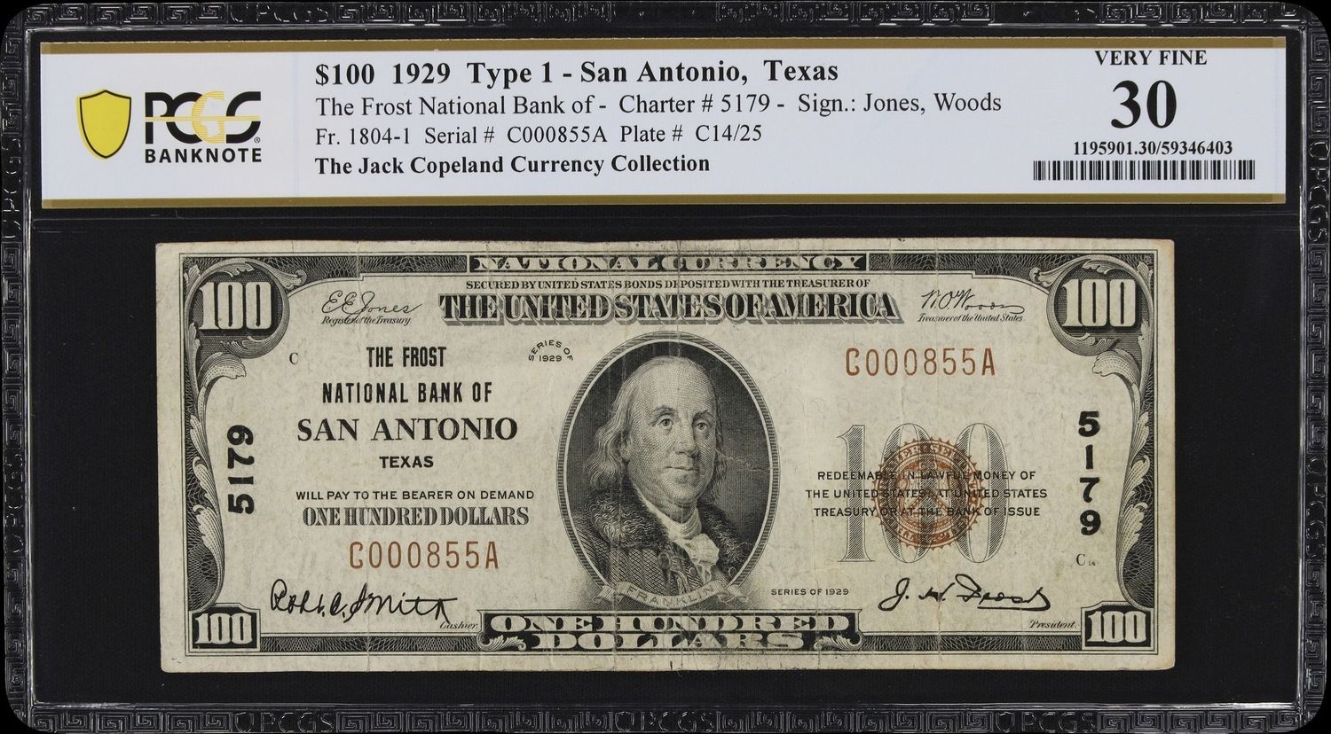 1929 $100 the First National Bank of  San Antonio , Tx  Ch # 5179  PCGS 30