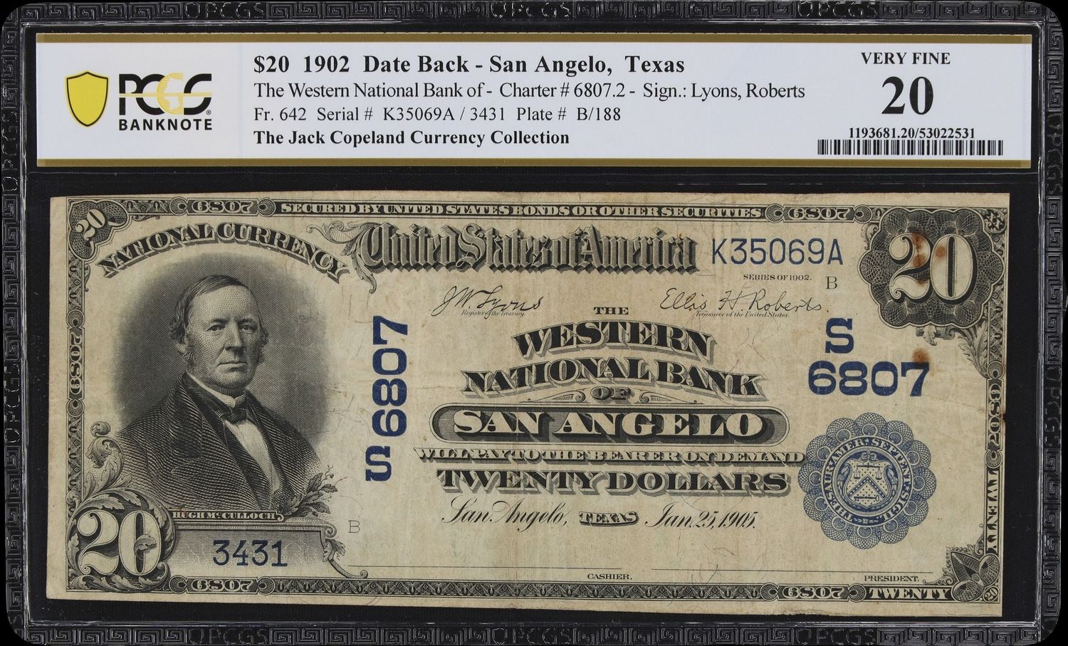 $20 1902 Date Back The Western National Bank San Angelo , TX PCGS 20 VF
