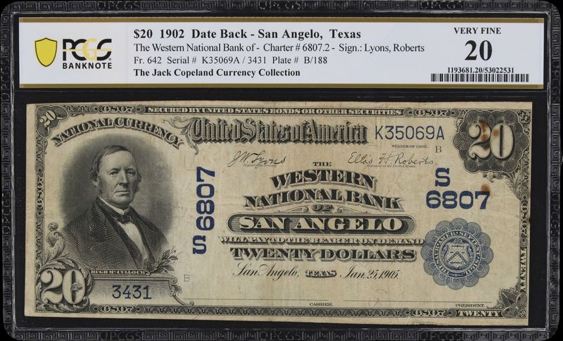 $20 1902 Date Back The Western National Bank San Angelo , TX PCGS 20 VF $20 1902 Date Back The Western National Bank San Angelo , TX PCGS 20 VF