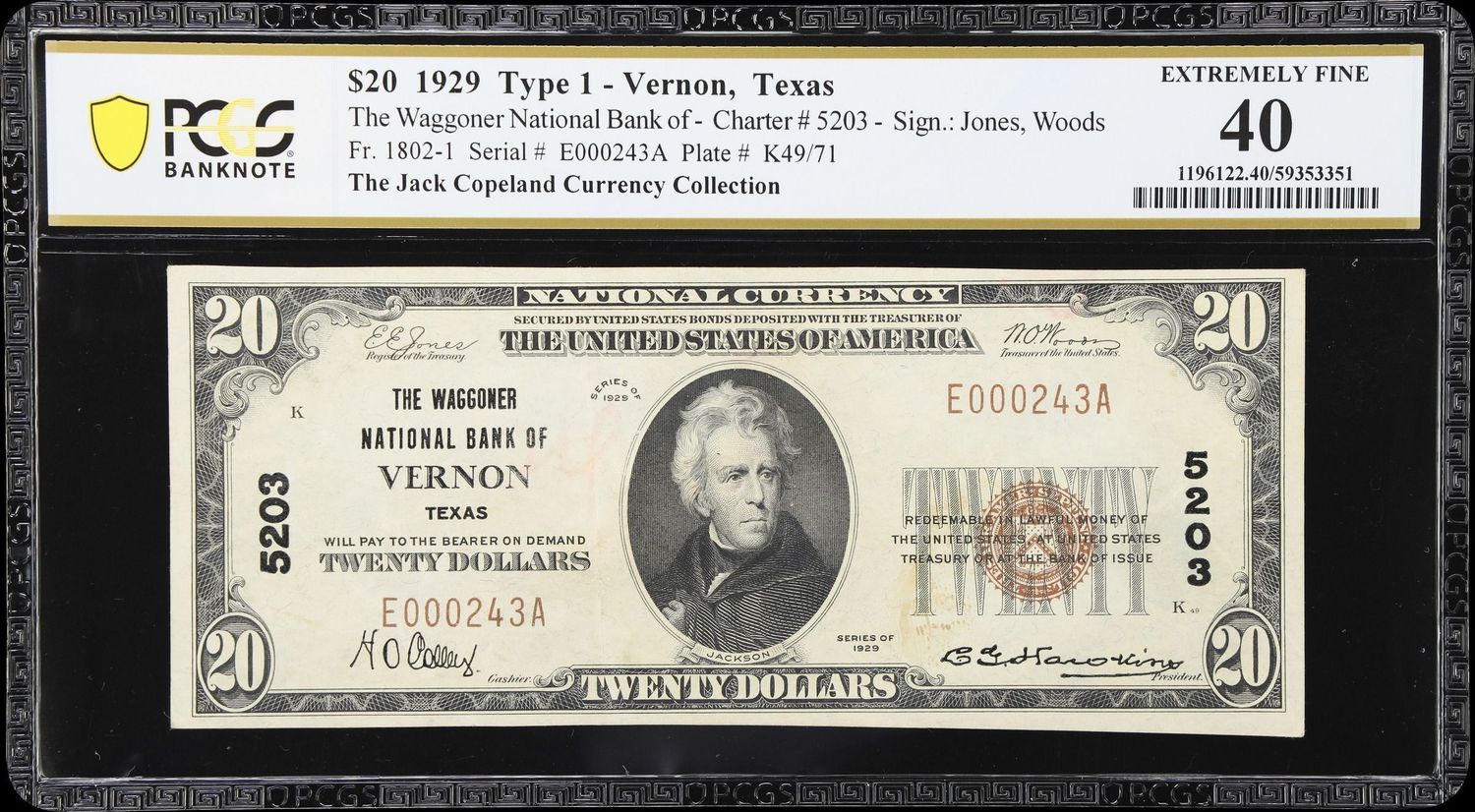 1929 $20 the Waggoner National Bank of  Vernon , Tx  Ch # 5203  PCGS 40