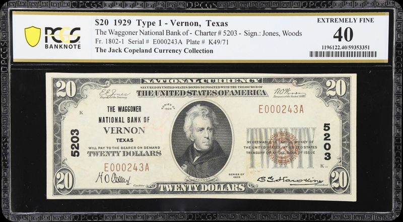 1929 $20 the Waggoner National Bank of Vernon , Tx Ch # 5203 PCGS 40 1929 $20 the Waggoner National Bank of Vernon , Tx Ch # 5203 PCGS 40