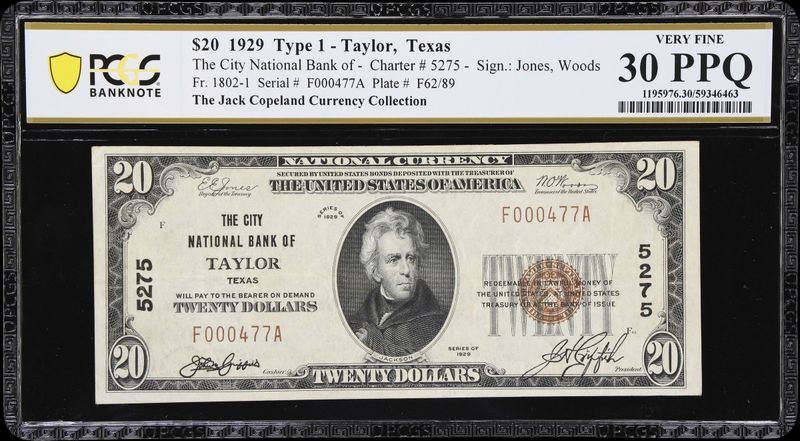 1929 $20 the City National Bank of Taylor , Tx Ch # 5275 PCGS 30 PPQ 1929 $20 the City National Bank of Taylor , Tx Ch # 5275 PCGS 30 PPQ
