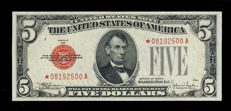 1928E $5 Red Seal Legal Tender ** Star Note **Fr. 1530* XF- AU 1928E $5 Red Seal Legal Tender ** Star Note **Fr. 1530* XF- AU