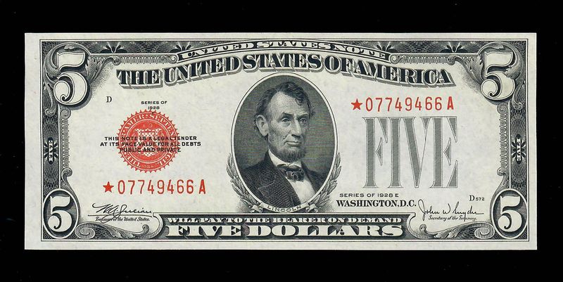 1928E $5 Red Seal Legal Tender ** Star Note **Fr. 1530* Gem UNC 1928E $5 Red Seal Legal Tender ** Star Note **Fr. 1530* Gem UNC