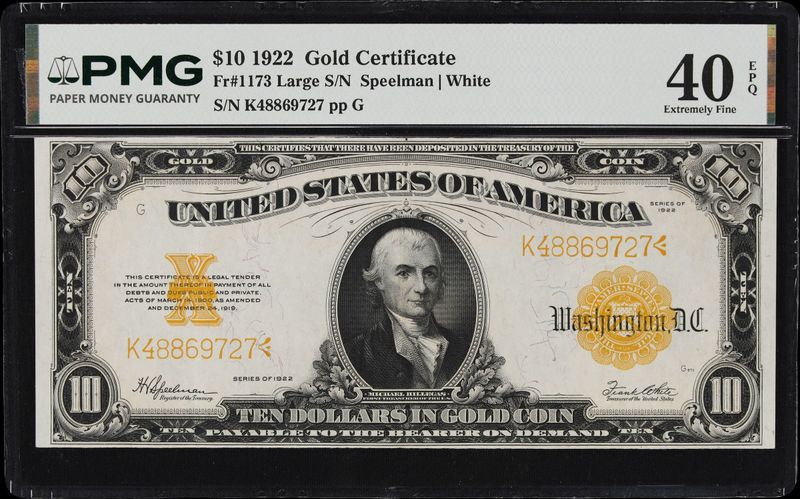 1922 $10 Gold Certificate Note Fr. 1173 Large S/N PMG 40 EPQ Extremely Fine
