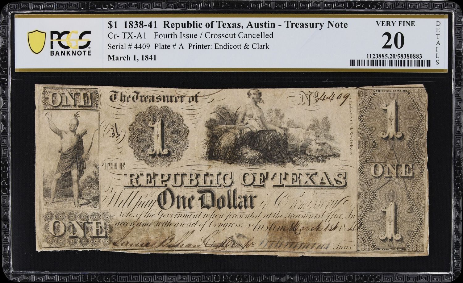 1839-41 $1 Republic of Texas, Austin Obsolete Note -PCGS 20 Very Fine