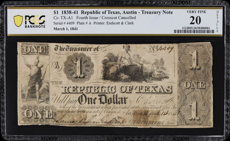 1839-41 $1 Republic of Texas, Austin Obsolete Note -PCGS 20 Very Fine 1839-41 $1 Republic of Texas, Austin Obsolete Note -PCGS 20 Very Fine