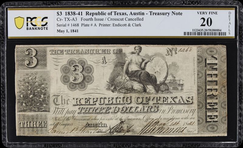 1839-41 $3 Republic of Texas, Austin Obsolete Note -PCGS 20 Very Fine 1839-41 $3 Republic of Texas, Austin Obsolete Note -PCGS 20 Very Fine
