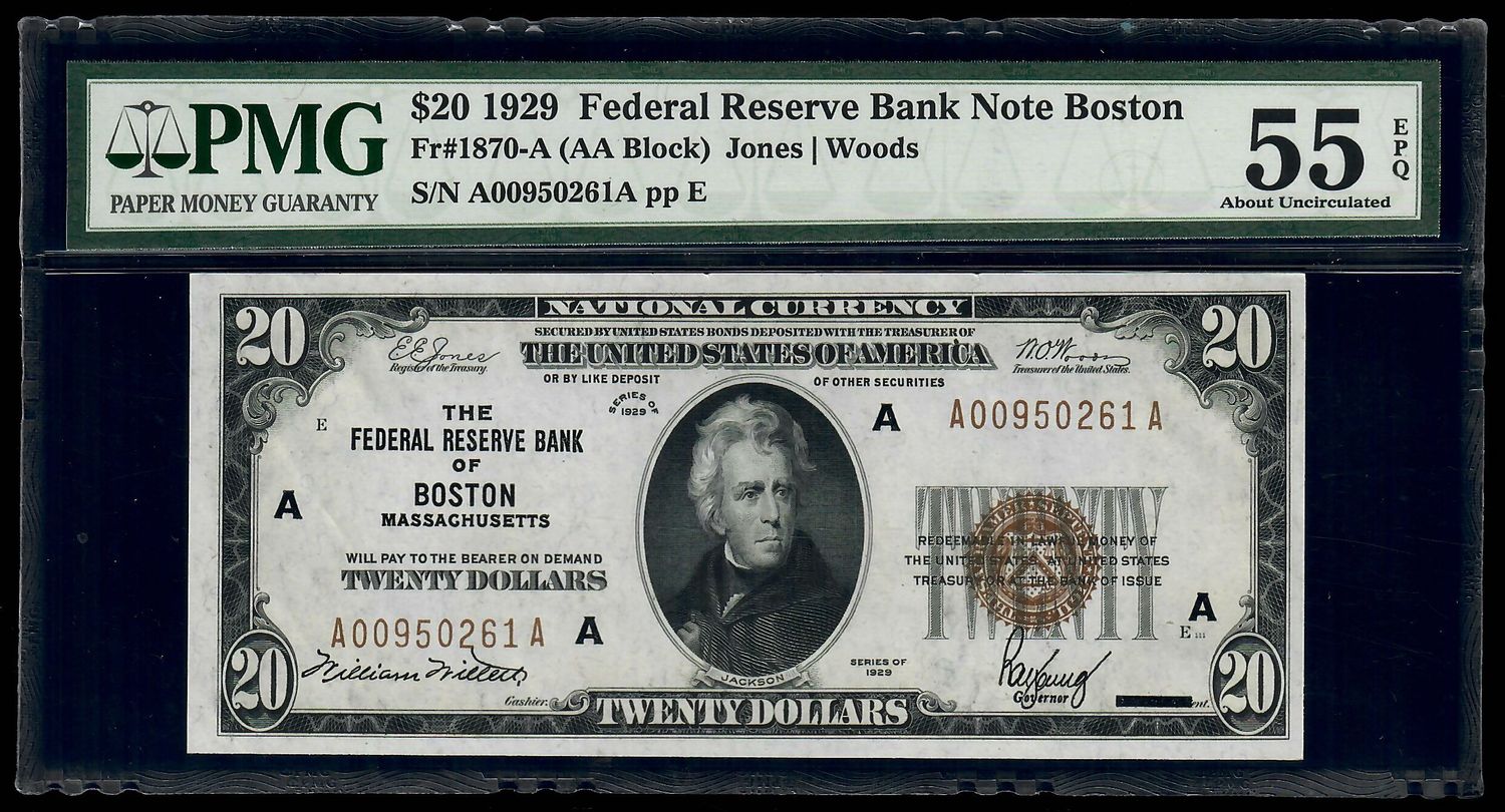 1929 $20 Federal Reserve Bank Note Boston , MA  Fr. 1870-A  PMG 55 EPQ
