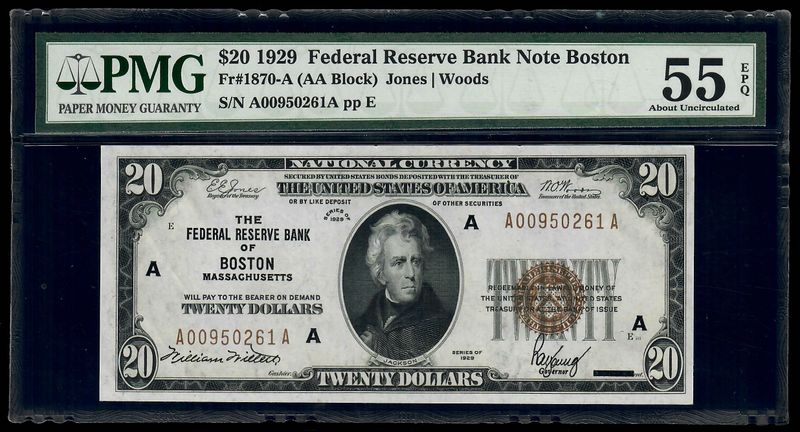1929 $20 Federal Reserve Bank Note Boston , MA Fr. 1870-A PMG 55 EPQ 1929 $20 Federal Reserve Bank Note Boston , MA Fr. 1870-A PMG 55 EPQ