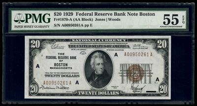 1929 $20 Federal Reserve Bank Note Boston , MA Fr. 1870-A PMG 55 EPQ 1929 $20 Federal Reserve Bank Note Boston , MA Fr. 1870-A PMG 55 EPQ