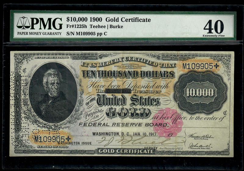 AC Fr 1225h 1900 $10,000 Gold Certificate PMG 40 comment. Historic Fire Note