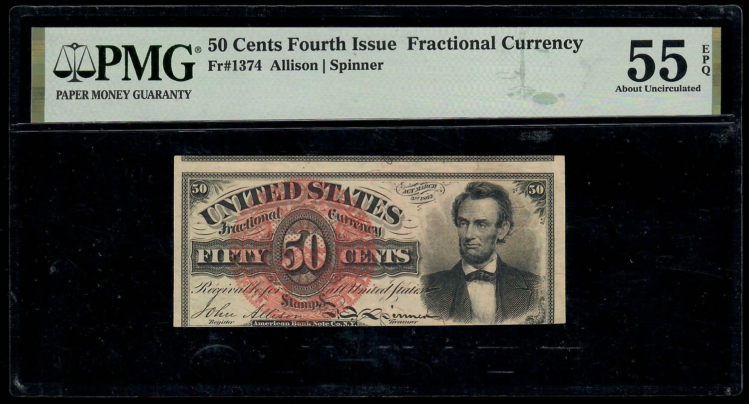 50c Fourth Issue Fractional Currency | Fr#1374 Lg. Red Seal PMG 55 EPQ Miscut