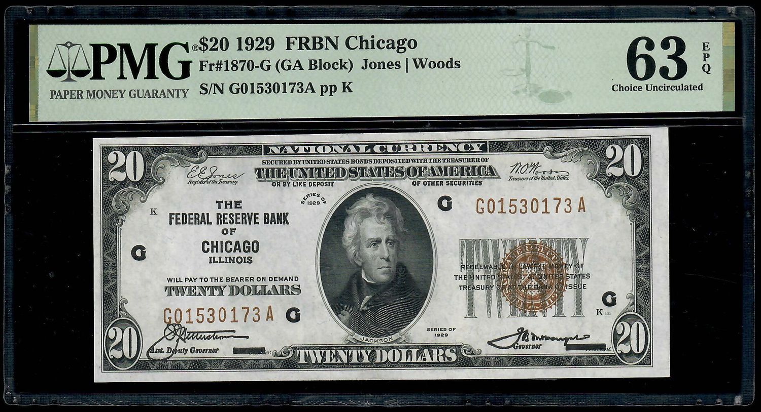 1929 $20 Federal Reserve Bank Note Chicago , IL Fr. 1870-G PMG 63 EPQ 1929 $20 Federal Reserve Bank Note Chicago , IL Fr. 1870-G PMG 63 EPQ
