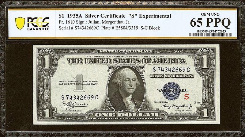 1935-A $1 Silver Certificate 'S' Experimental S-C Block Fr.1610 Gem PCGS 65 PPQ 1935-A $1 Silver Certificate 'S' Experimental S-C Block Fr.1610 Gem PCGS 65 PPQ