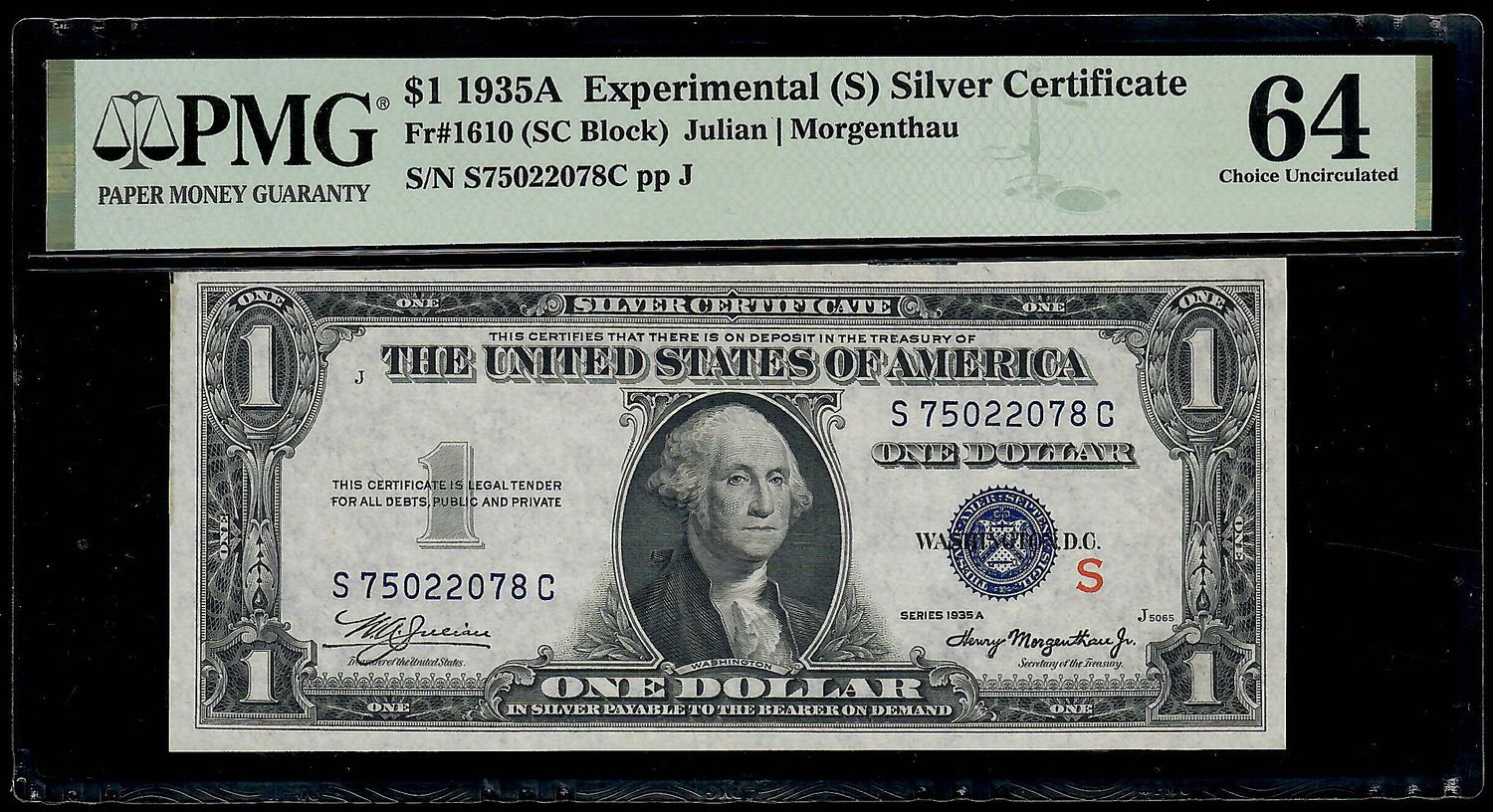 1935-A  $1 Silver Certificate 'S' Experimental S-C Block Fr.1610 PMG 64 UNC