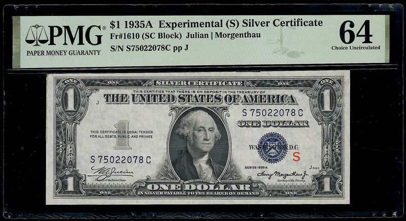 1935-A $1 Silver Certificate 'S' Experimental S-C Block Fr.1610 PMG 64 UNC 1935-A $1 Silver Certificate 'S' Experimental S-C Block Fr.1610 PMG 64 UNC