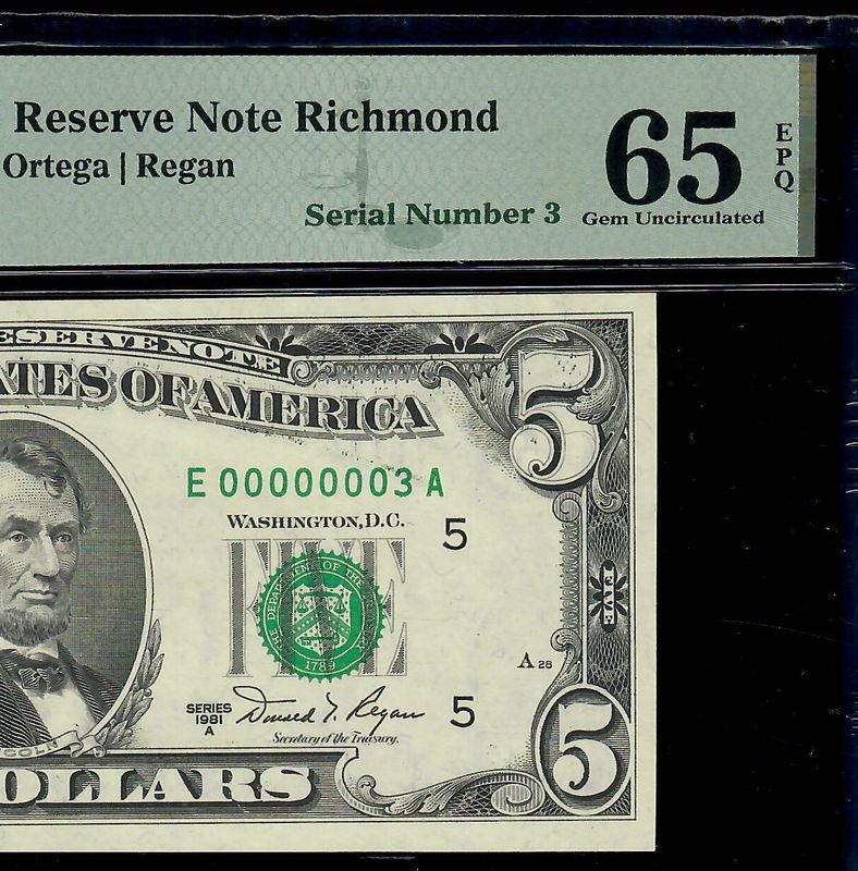 $5 1981A Federal Reserve Note Richmond **Serial # 3 ** Fr# 1977 PMG 65 EPQ Gem