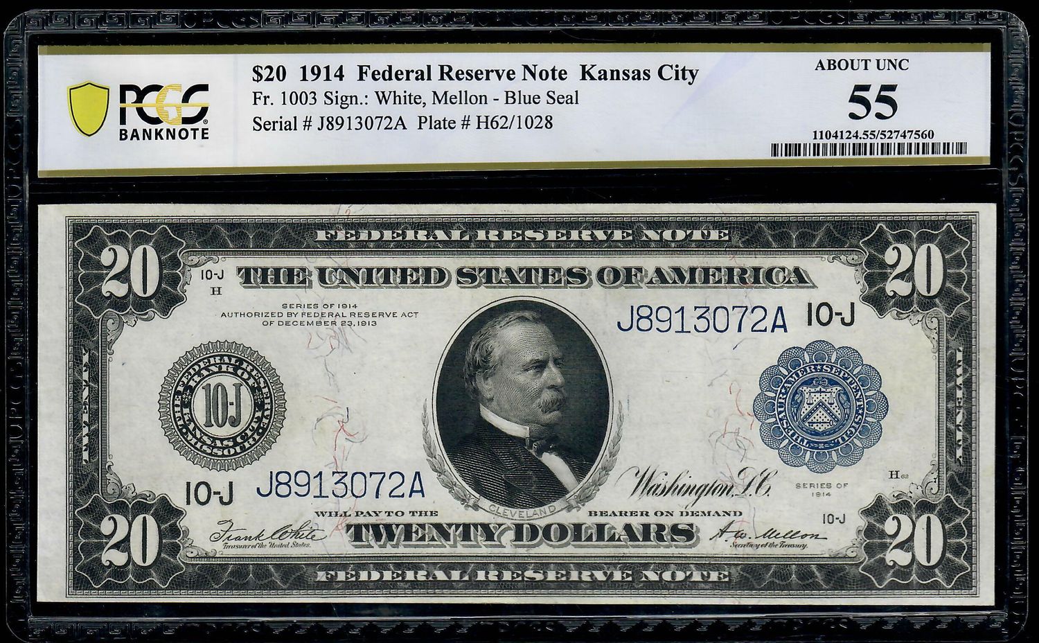 1914 $20 Federal Reserve Note Kansas City Fr-1003 PCGS 55 About UNC 1914 $20 Federal Reserve Note Kansas City Fr-1003 PCGS 55 About UNC