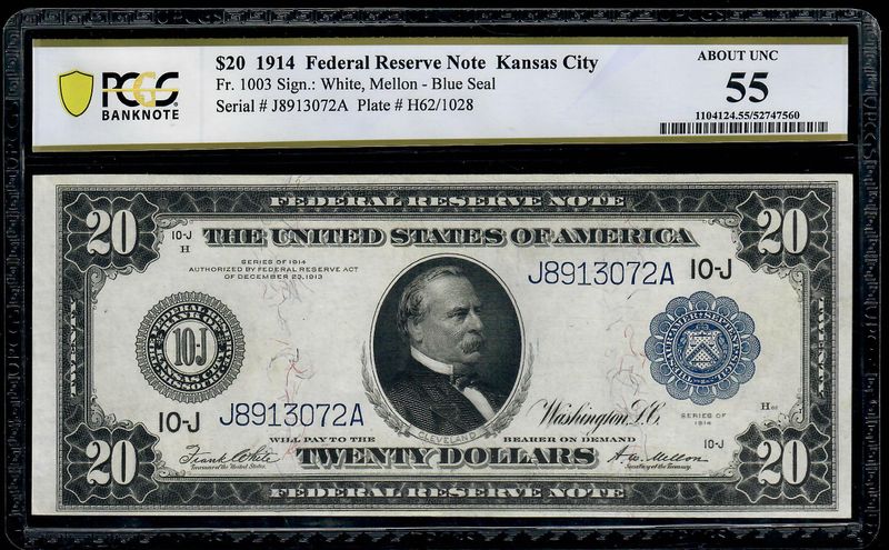 1914 $20 Federal Reserve Note Kansas City  Fr-1003  PCGS 55 About UNC