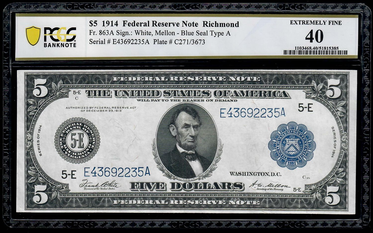 1914 $5 Federal Reserve Note Richmond Fr-863A PCGS 40 Extremely Fine 1914 $5 Federal Reserve Note Richmond Fr-863A PCGS 40 Extremely Fine