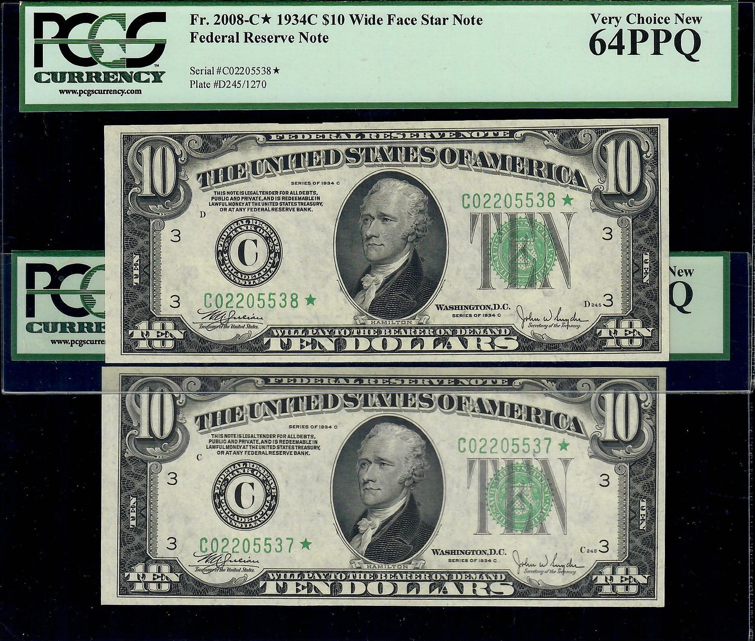 2 Consecutive 1934C $10 Federal Reserve Star Note. Philadelphia . PCGS 64 PPQ 2 Consecutive 1934C $10 Federal Reserve Star Note. Philadelphia . PCGS 64 PPQ